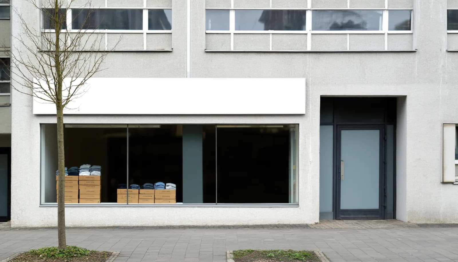 The plain shopfront of a small clothing store on the ground floor of a 1970s concrete apartment block.